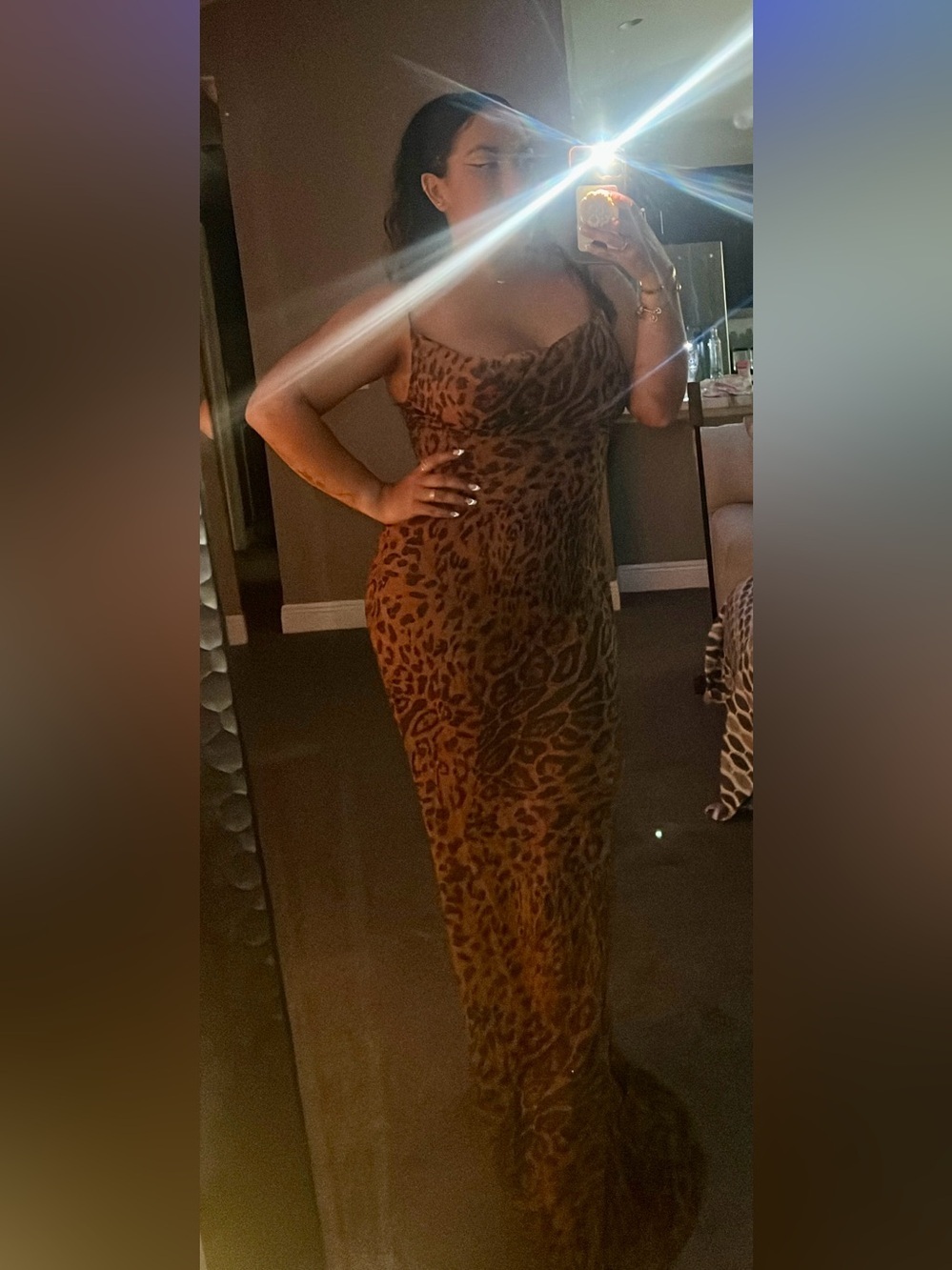 Oh Polly Shape Tropical Print Strappy Cowl Neck Maxi Dress 🐆🤎